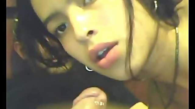 Latina beauty sucks her boyfriends pierced cock