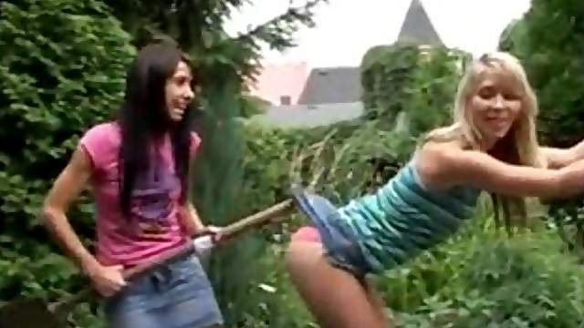 Playful teens have lesbian sex outdoors