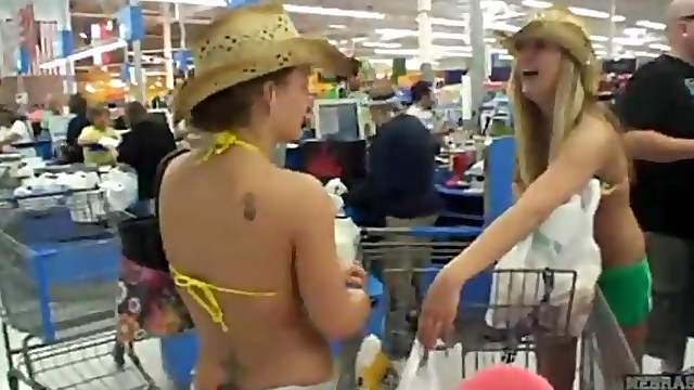 Bikini babes go to the store and play