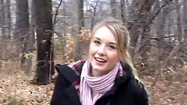 Skinny small tits teen flashes in the woods