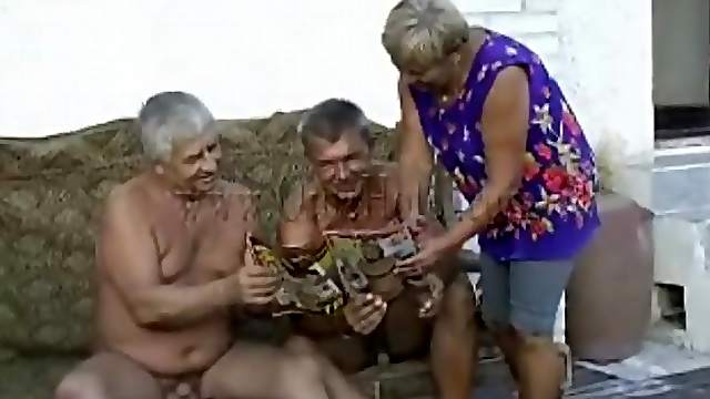 Old guys undress granny chick outdoors