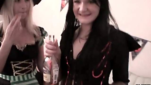 Four teens in costumes have lesbian sex