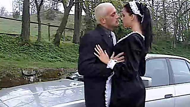 French maid fucked outdoors in the ass