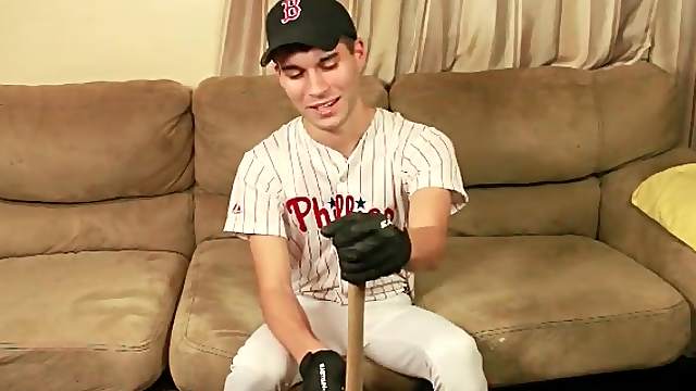 Boy in cute baseball uniform strips naked