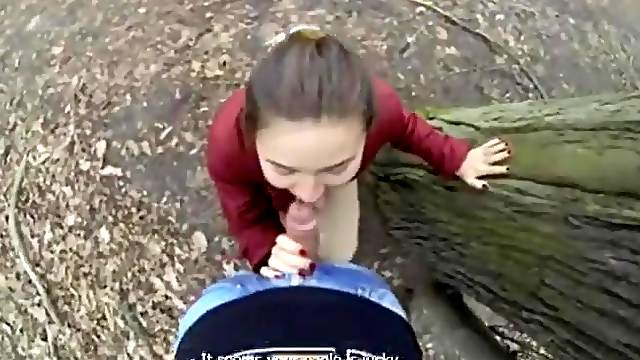 Cute brunette gives a POV blowjob in the park