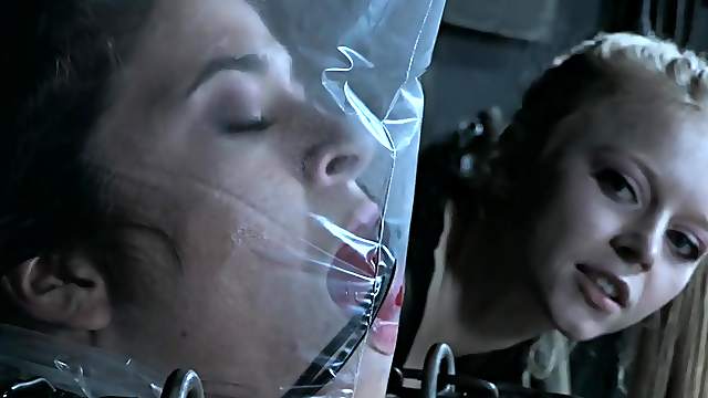 Bondage and bagging for a sub girl in a kinky device