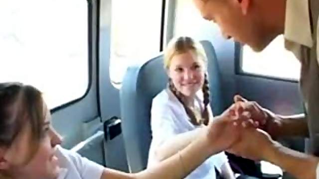 Schoolgirls on the bus share his big cock