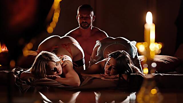 Sensual females smash cock together in erotic FFM gems