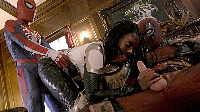 Insolent ebony fucked by two Spider men in loud MMF rounds