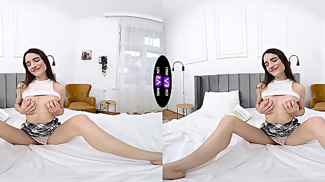 A hot solo girl plays with her pussy in a 180-degree view